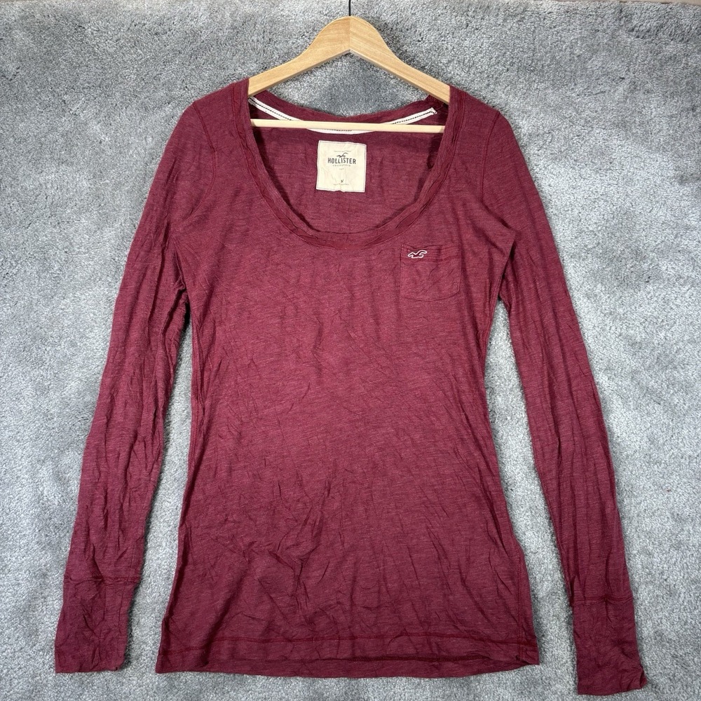 Vintage Hollister T Shirt Women M Burgundy Red Scoop Neck Long Sleeve Pocket Y2K